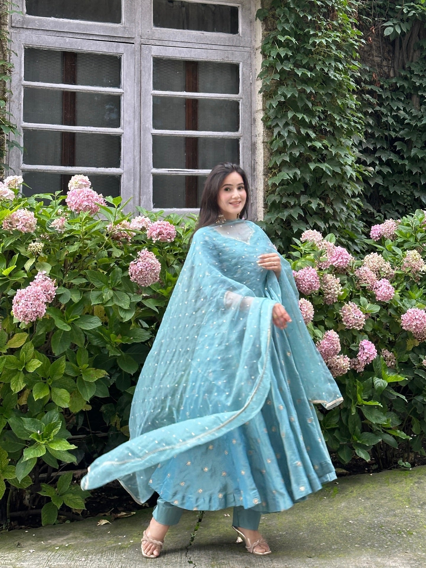 Parthi Sky Blue Anarkali Suit with Net Dupatta