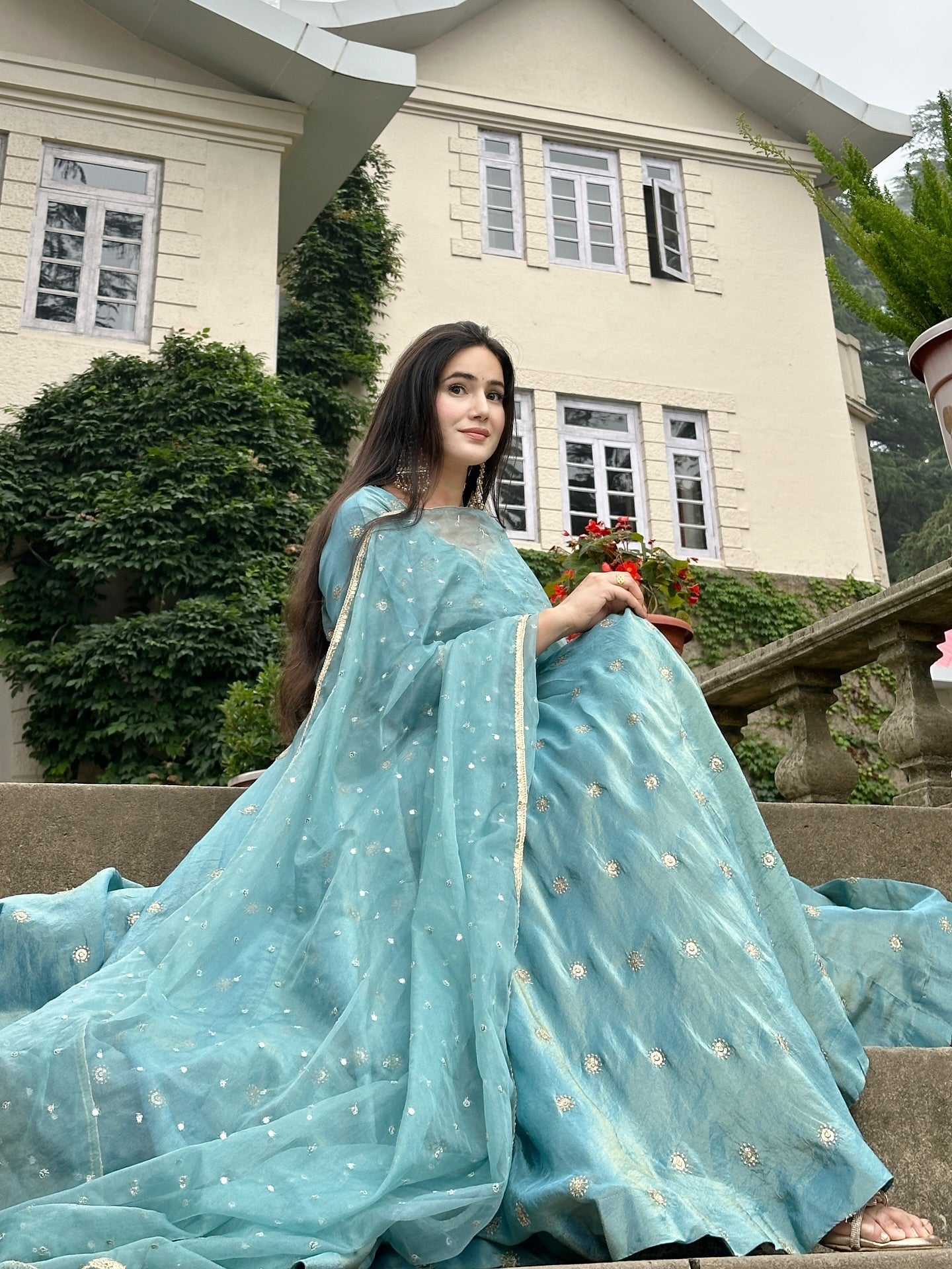 Parthi Sky Blue Anarkali Suit with Net Dupatta