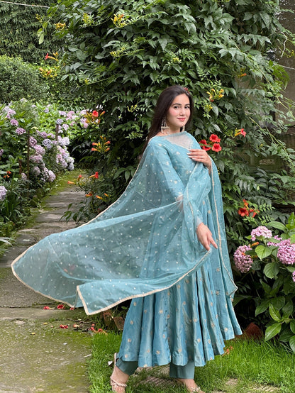 Parthi Sky Blue Anarkali Suit with Net Dupatta