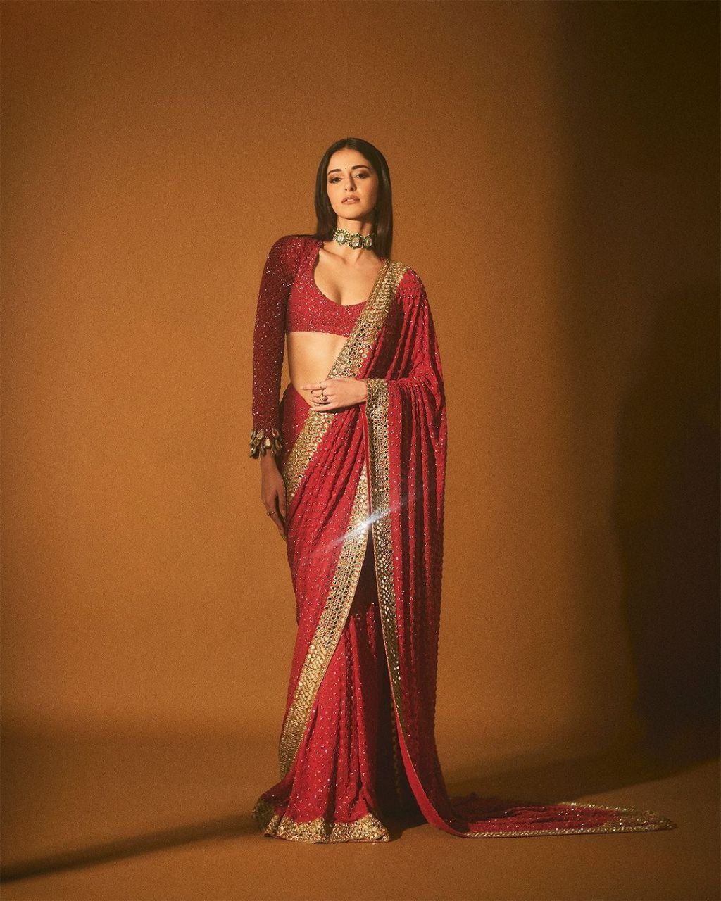 Ananya Pandey Inspired Hot Red Faux Georgette Saree with Sequin Work & Designer Border | Party & Wedding Wear
