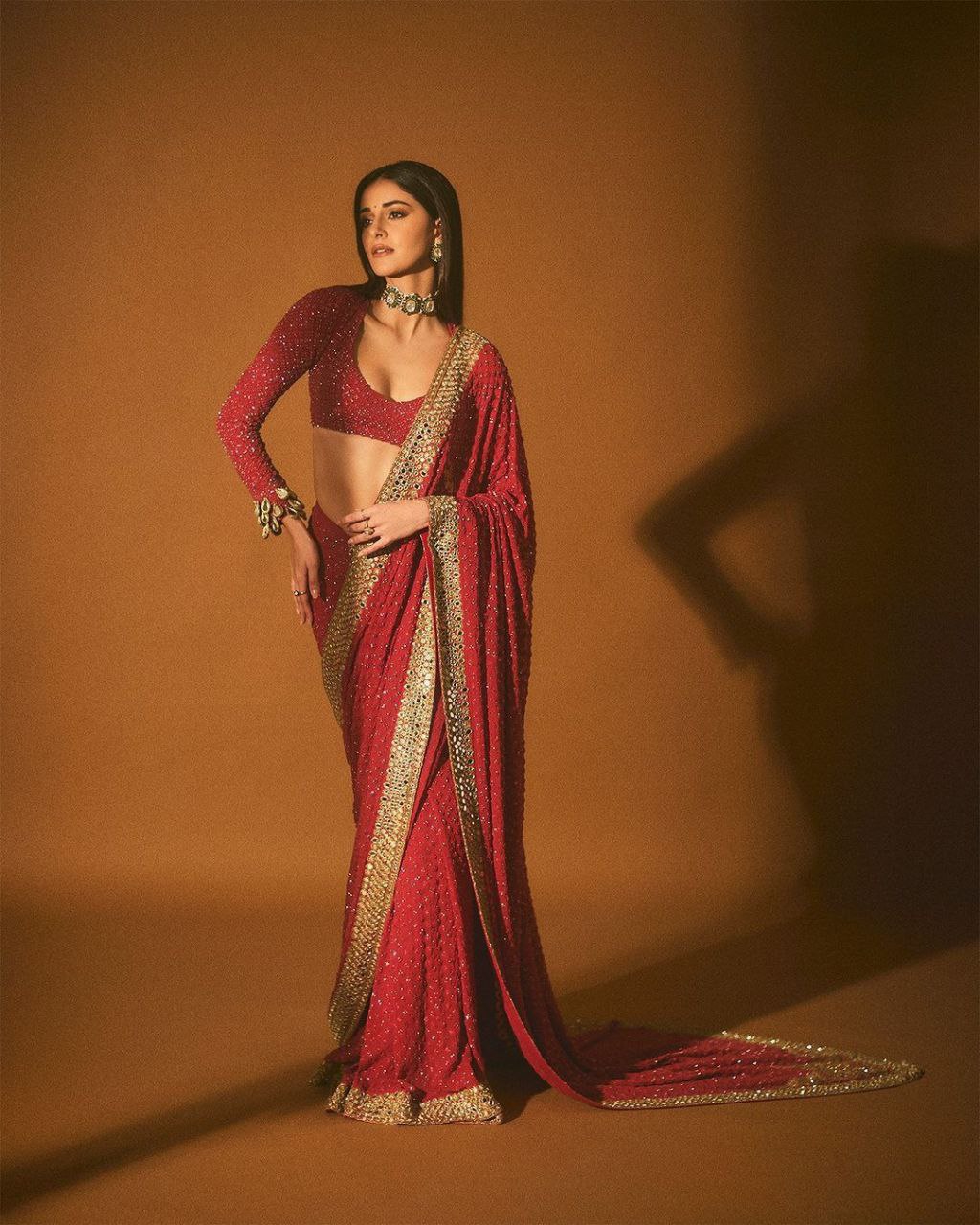 Ananya Pandey Inspired Hot Red Faux Georgette Saree with Sequin Work & Designer Border | Party & Wedding Wear
