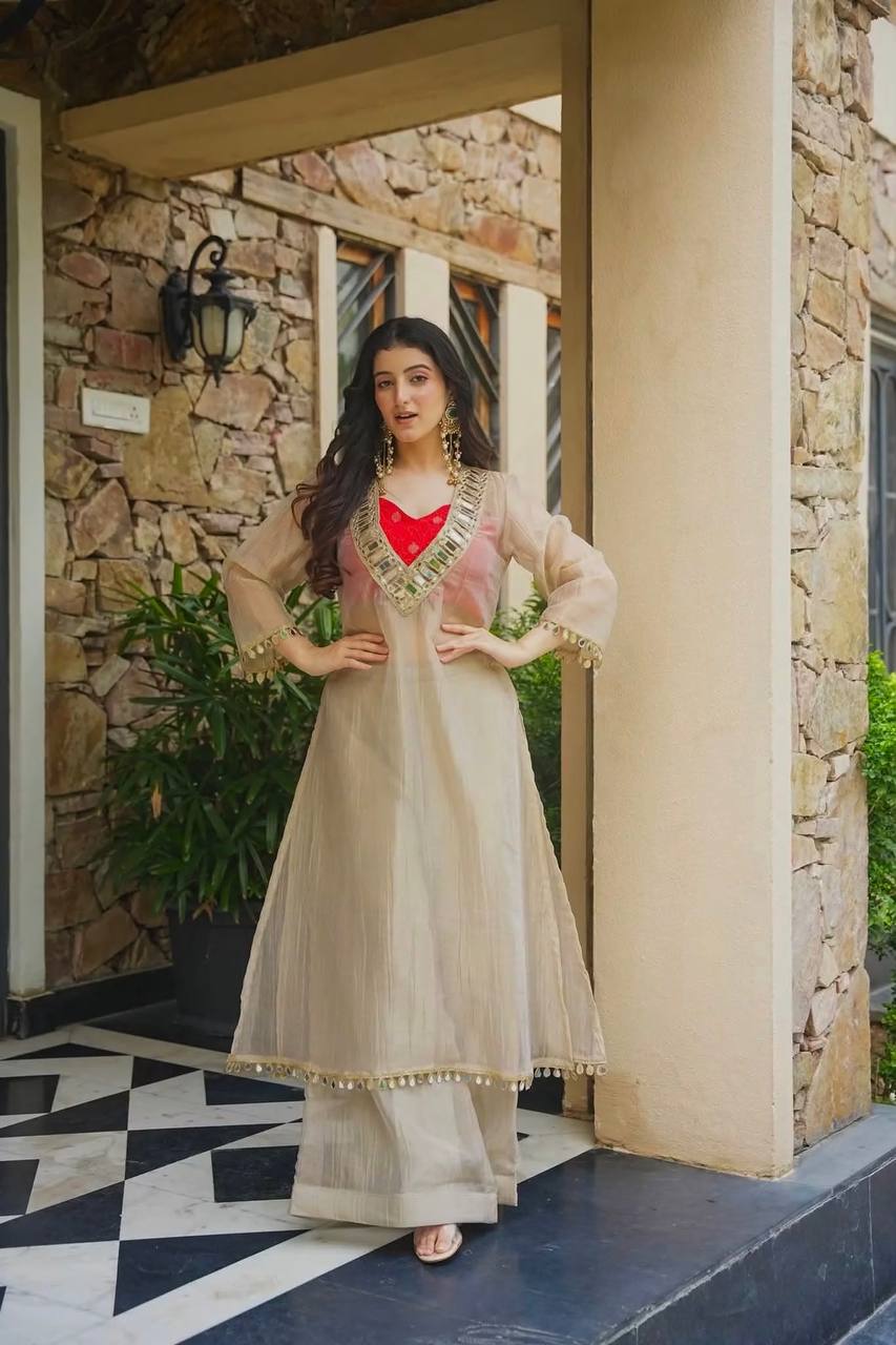 Ivory Kurta Palazzo Set for Women | Real Mirror Work Festive Wedding Outfit
