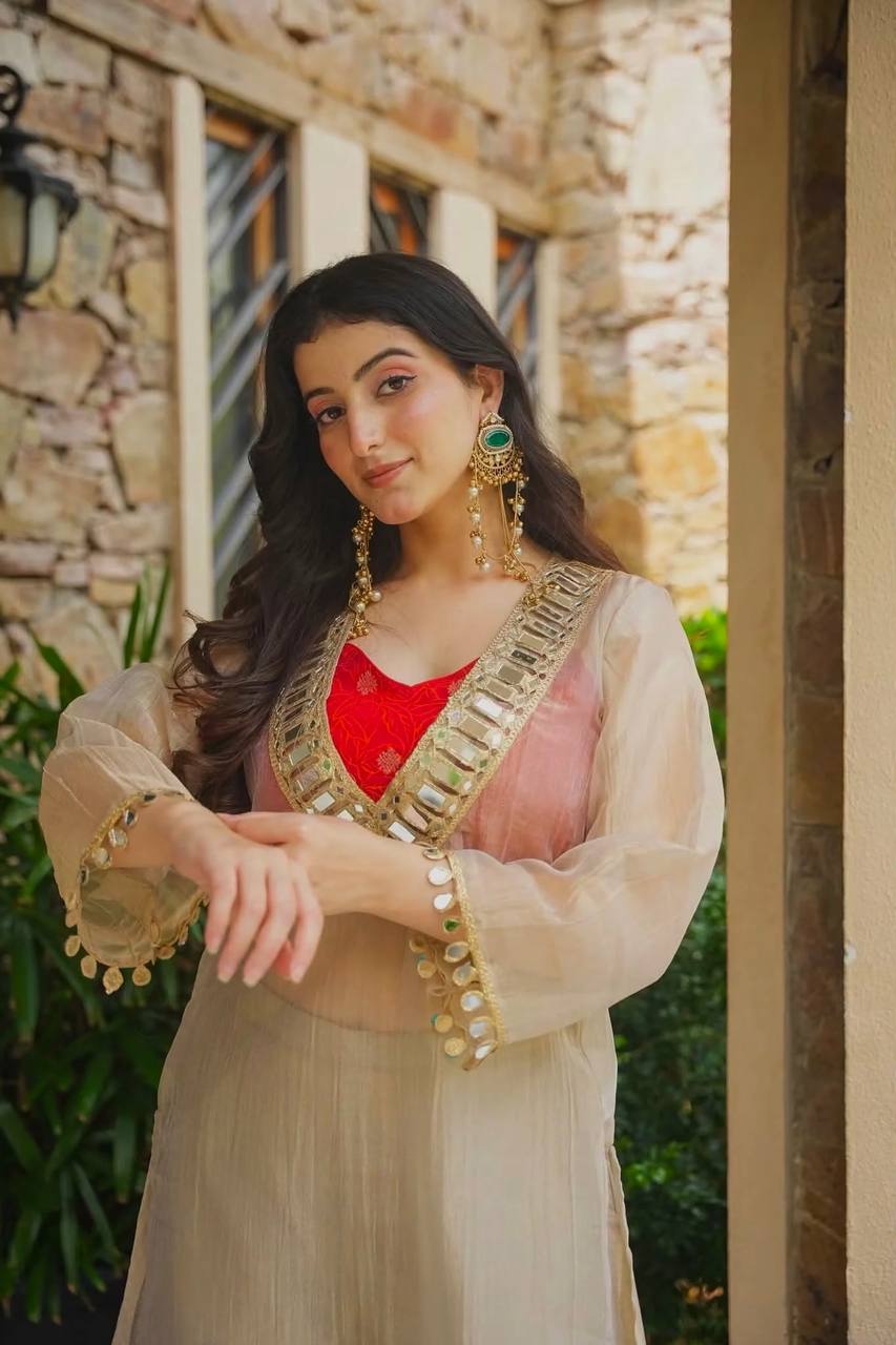 Ivory Kurta Palazzo Set for Women | Real Mirror Work Festive Wedding Outfit