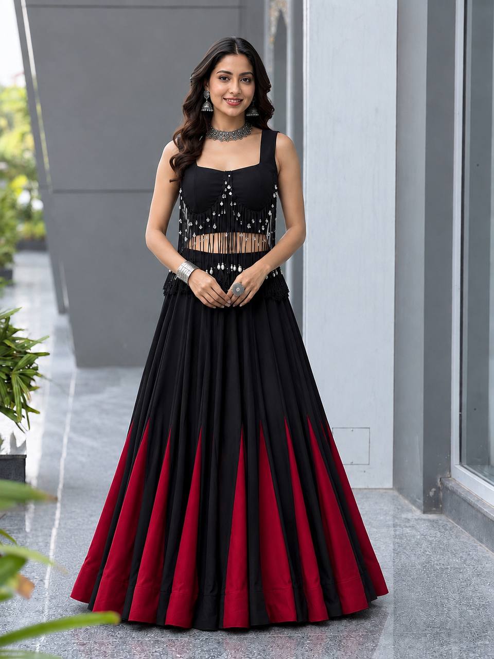 Designer Black Cotton Lehenga Choli Set | Fully Stitched 8 Meter Flair Party Wear for Women