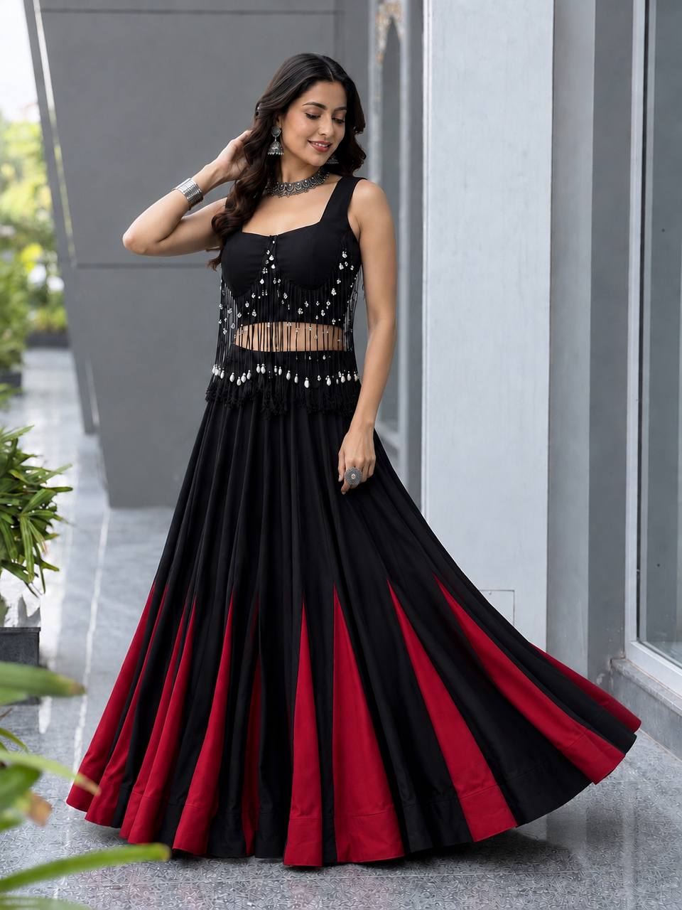 Designer Black Cotton Lehenga Choli Set | Fully Stitched 8 Meter Flair Party Wear for Women