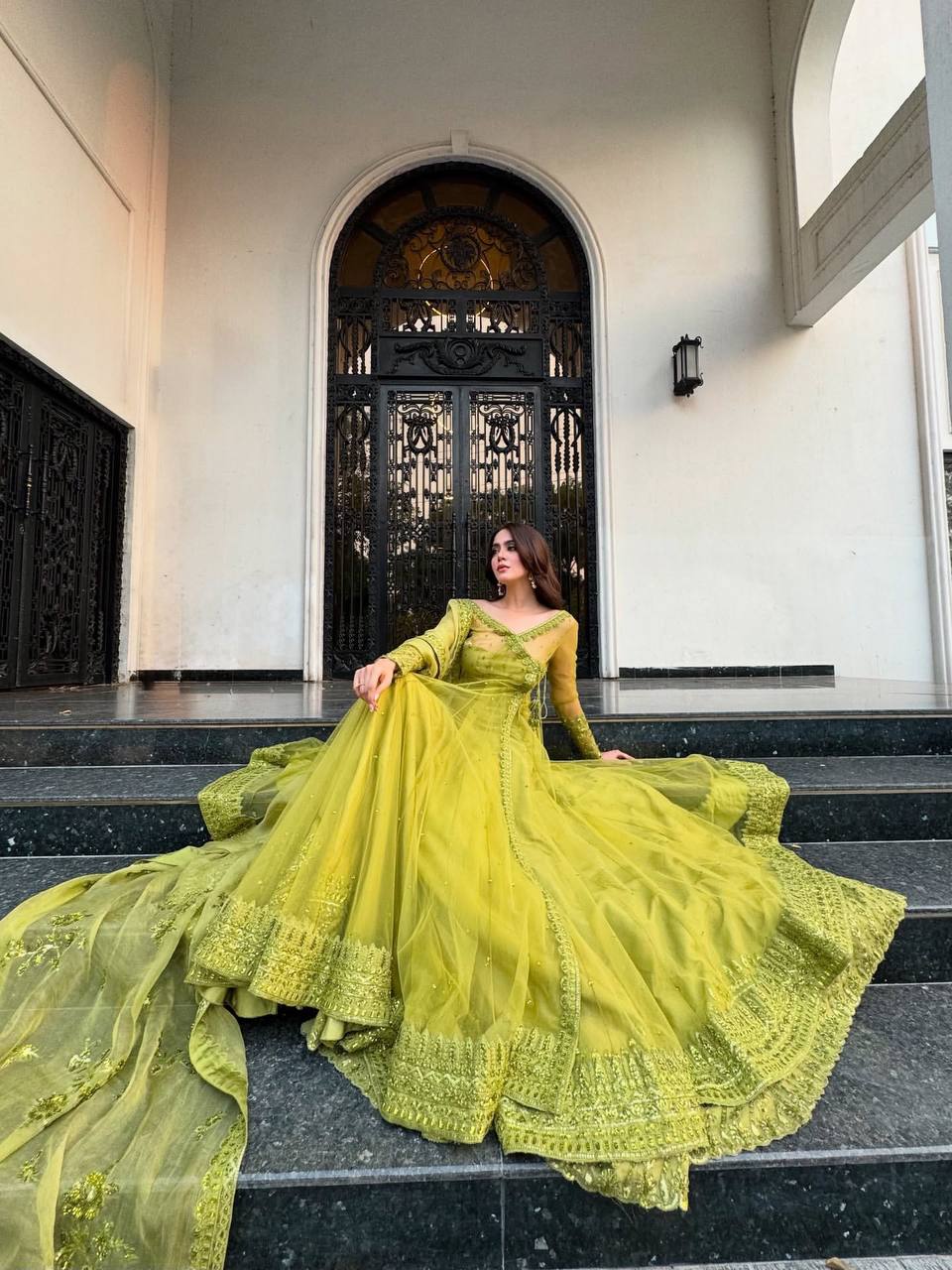 Lime Green Lehenga Choli Set with Thread & Sequin Embroidery | Butterfly Net Wedding & Festive Wear