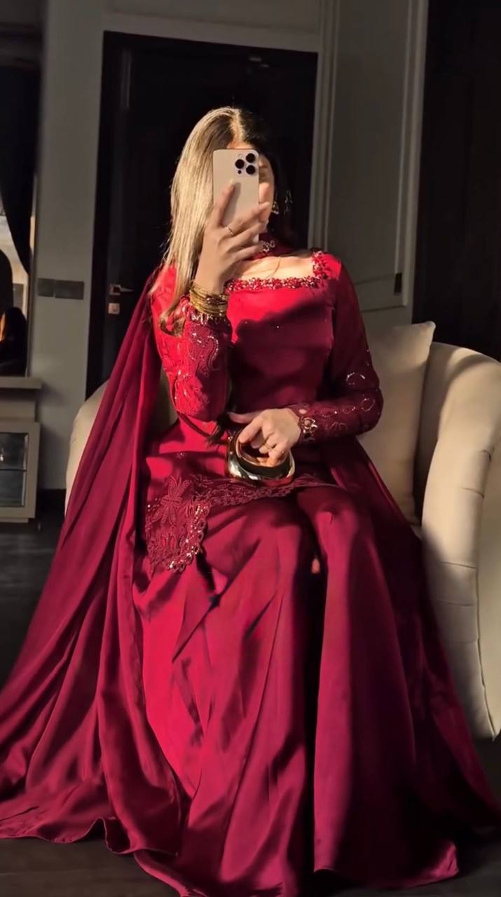 Wine Maroon Fendy Silk Palazzo Suit Set with Thread Embroidery & Sequins Dupatta for Women | Wedding & Party Wear