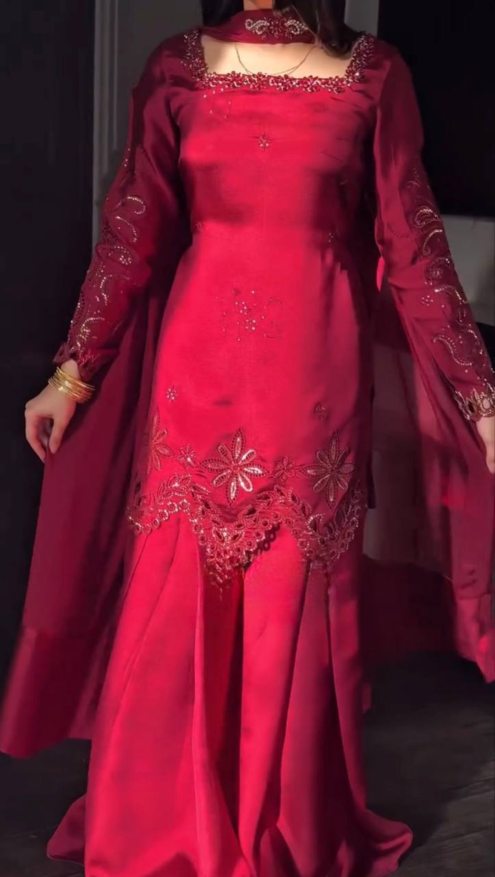 Wine Maroon Fendy Silk Palazzo Suit Set with Thread Embroidery & Sequins Dupatta for Women | Wedding & Party Wear