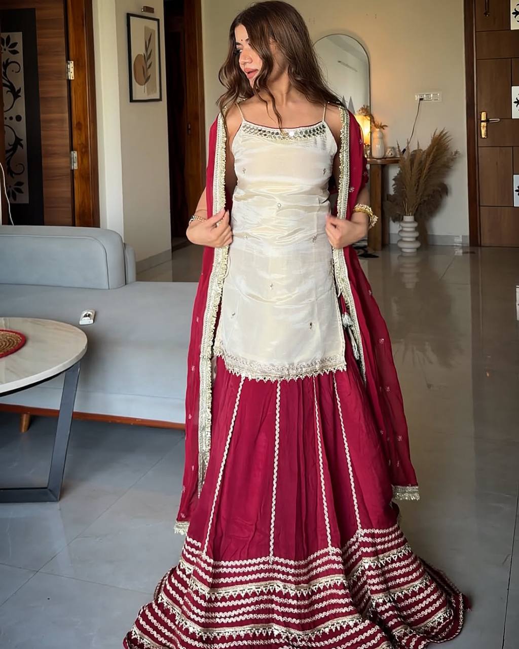 Designer Ivory & Wine Vichitra Silk Top Bottom Dupatta Set | Wedding Wear & Party Wear