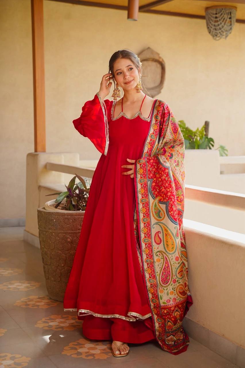 Ruby Red Tabby Silk Flared Anarkali Suit Set with Digital Print Dupatta for Women | Wedding & Party Wear