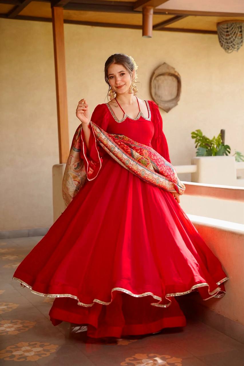 Ruby Red Tabby Silk Flared Anarkali Suit Set with Digital Print Dupatta for Women | Wedding & Party Wear