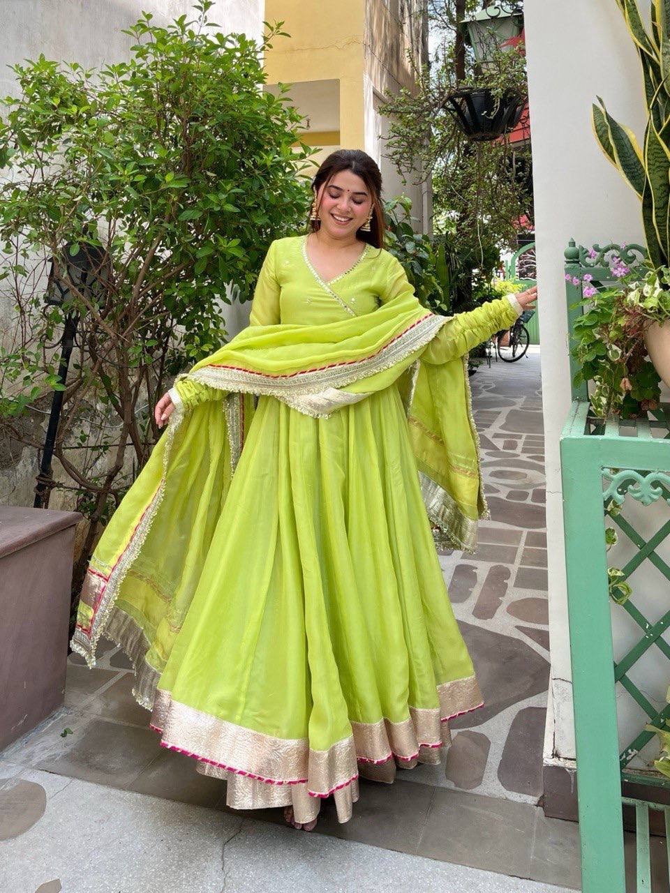 Festive Tabby Organza Silk Anarkali Lehenga Set for Women | Mirror Hand Work