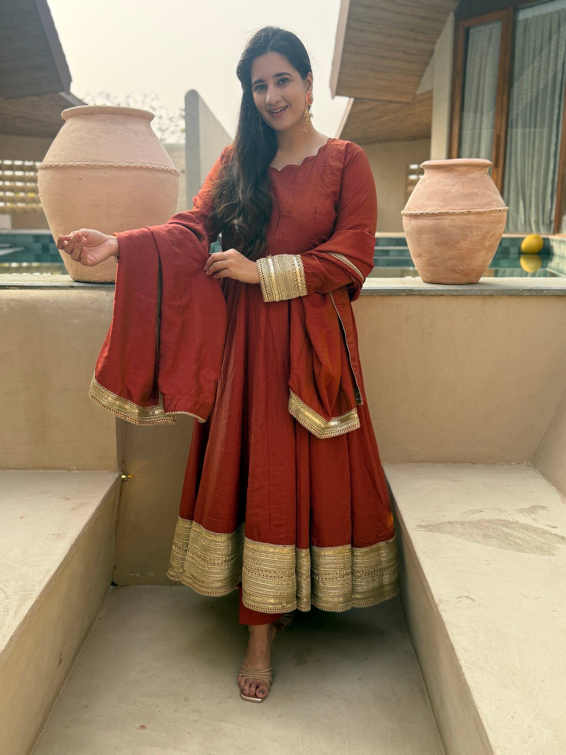 Premium NC Vichitra Embroidered Anarkali Dress Set with Pant & Dupatta for Women