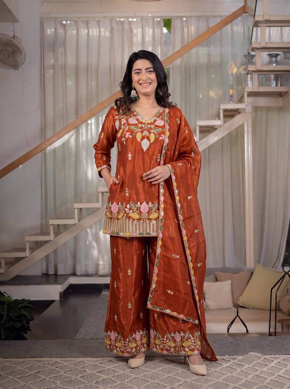 Designer Satin Silk Kurta Palazzo Suit Set | Embroidered Dupatta | Wedding & Festive Wear