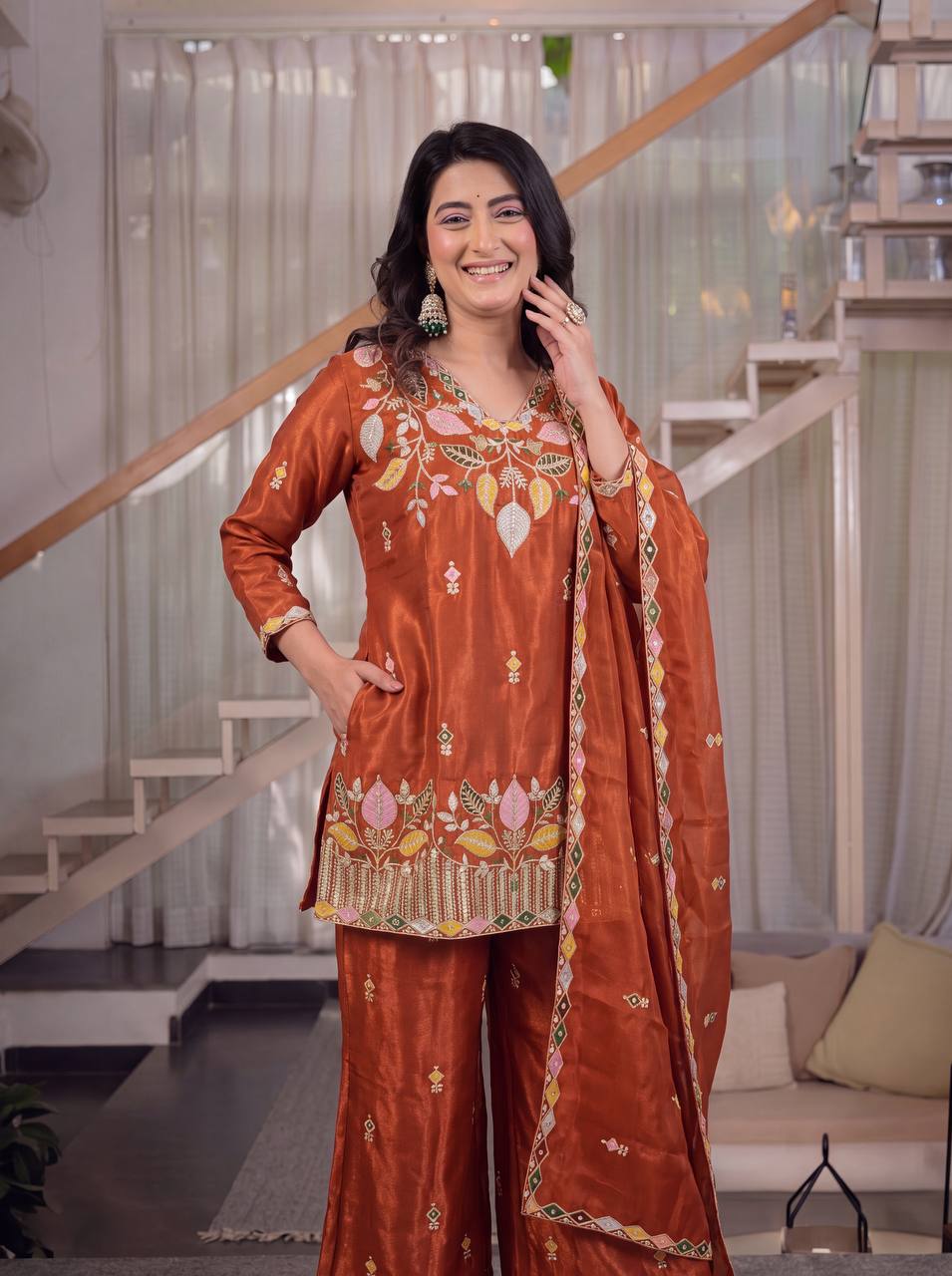 Designer Satin Silk Kurta Palazzo Suit Set | Embroidered Dupatta | Wedding & Festive Wear