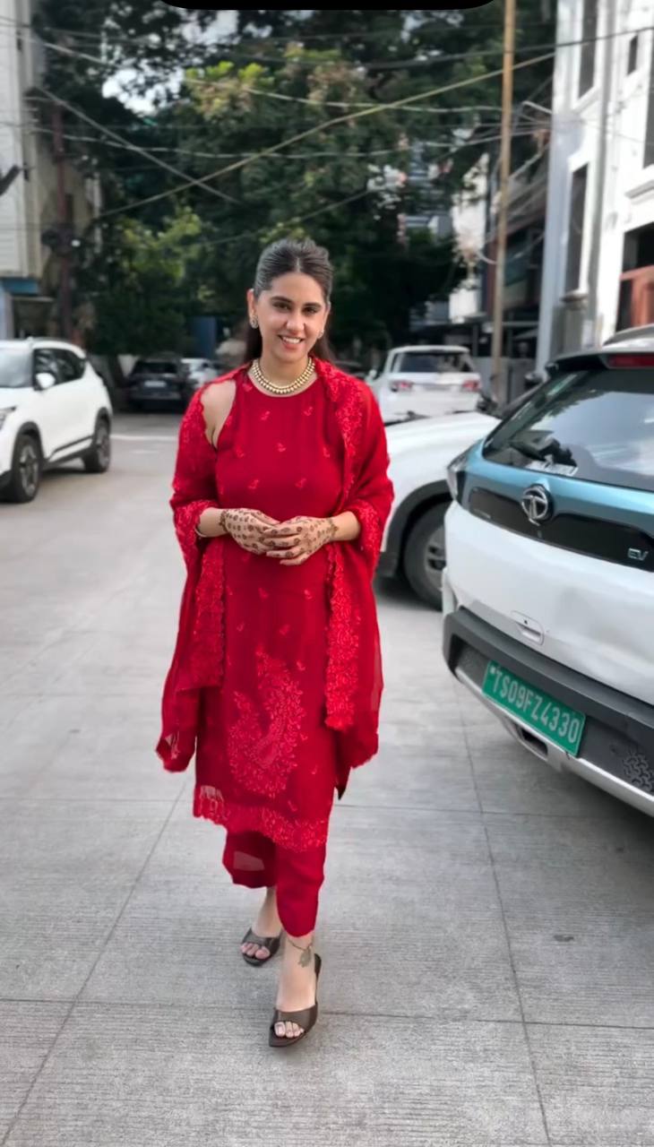 Elegant Red Faux Georgette Kurta Palazzo Suit for Women | Wedding & Festive Wear