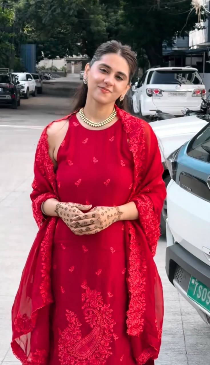 Elegant Red Faux Georgette Kurta Palazzo Suit for Women | Wedding & Festive Wear