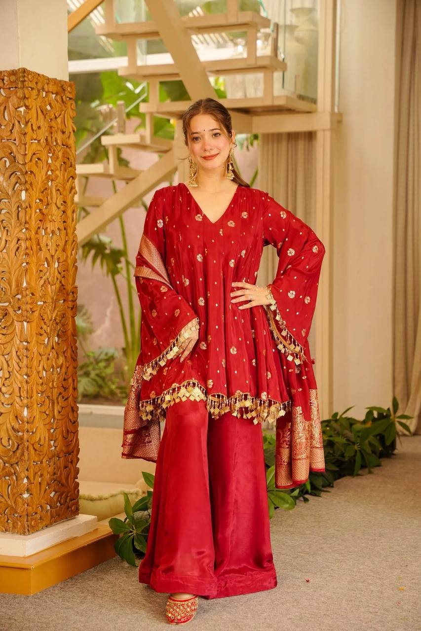 Women’s Red Satin Silk Palazzo Suit Set with Woven Kurta & Dupatta | Festive & Wedding Wear for Women