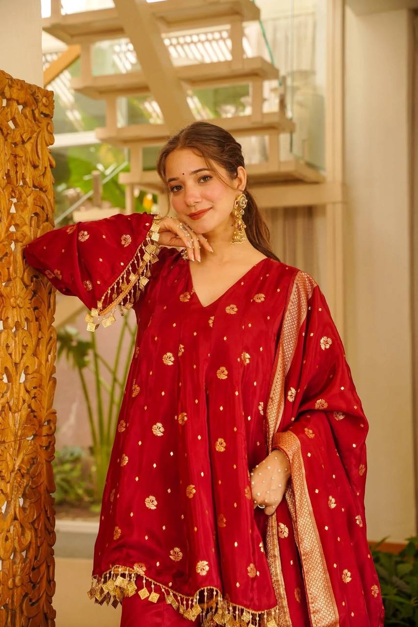 Women’s Red Satin Silk Palazzo Suit Set with Woven Kurta & Dupatta | Festive & Wedding Wear for Women