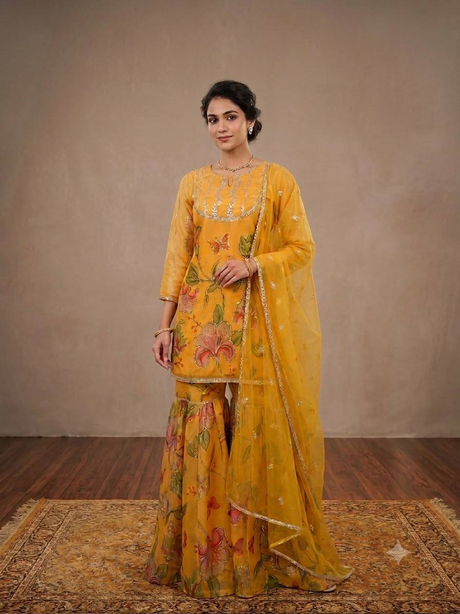 Mustard Yellow Party Wear Sharara Set | Soft Organza Kurta, Sharara & Butterfly Net Dupatta