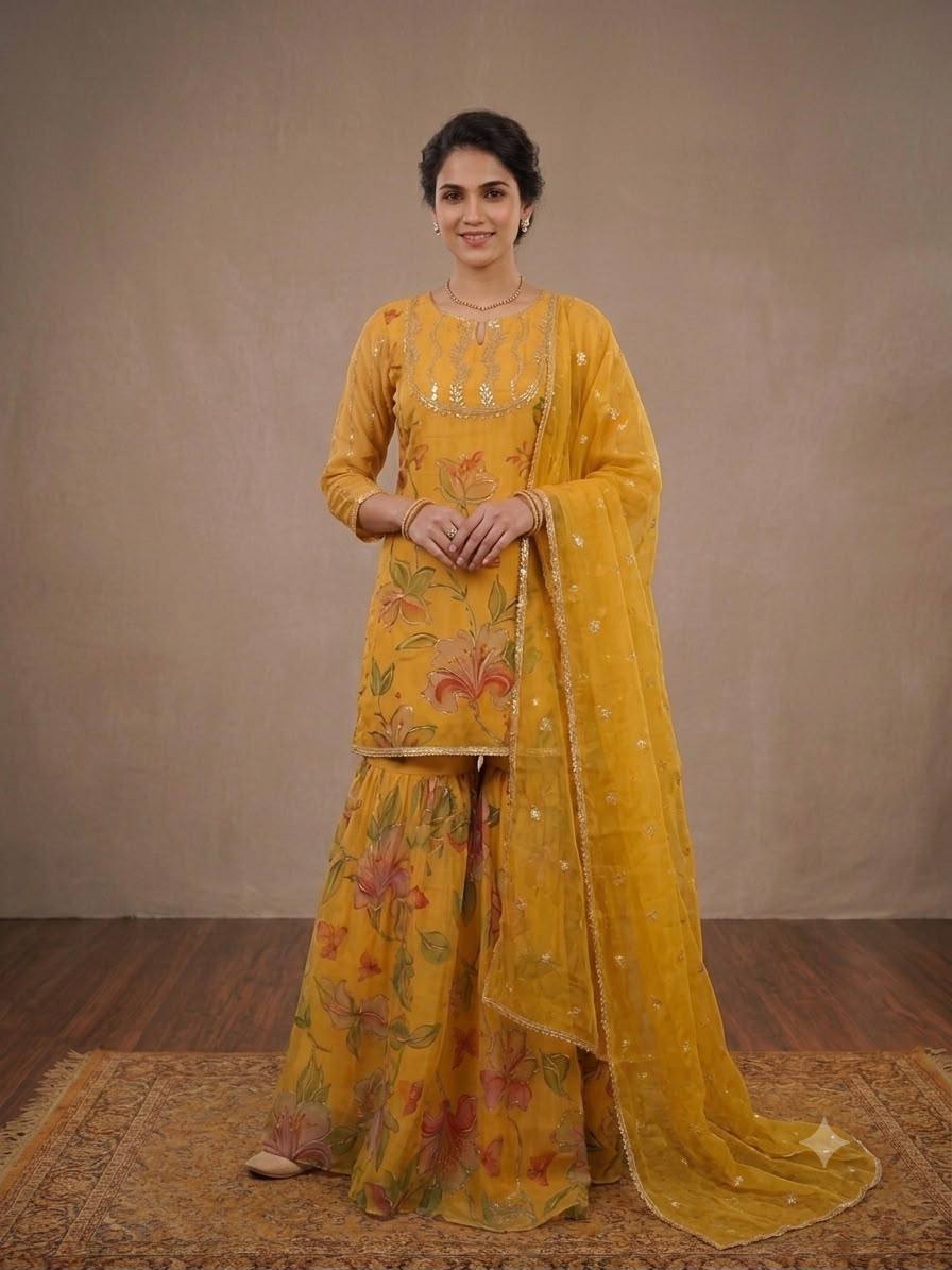 Mustard Yellow Party Wear Sharara Set | Soft Organza Kurta, Sharara & Butterfly Net Dupatta