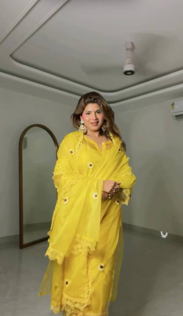 Yellow Organza Embroidered Suit Set with Dupatta | Thread Work & Lace | Wedding & Festive Wear