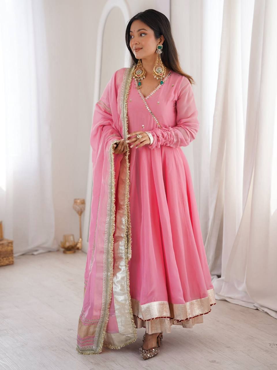 Designer Pink Organza Silk Mirror Hand Work & Gota Patti Lace Anarkali Lehenga Set for Women