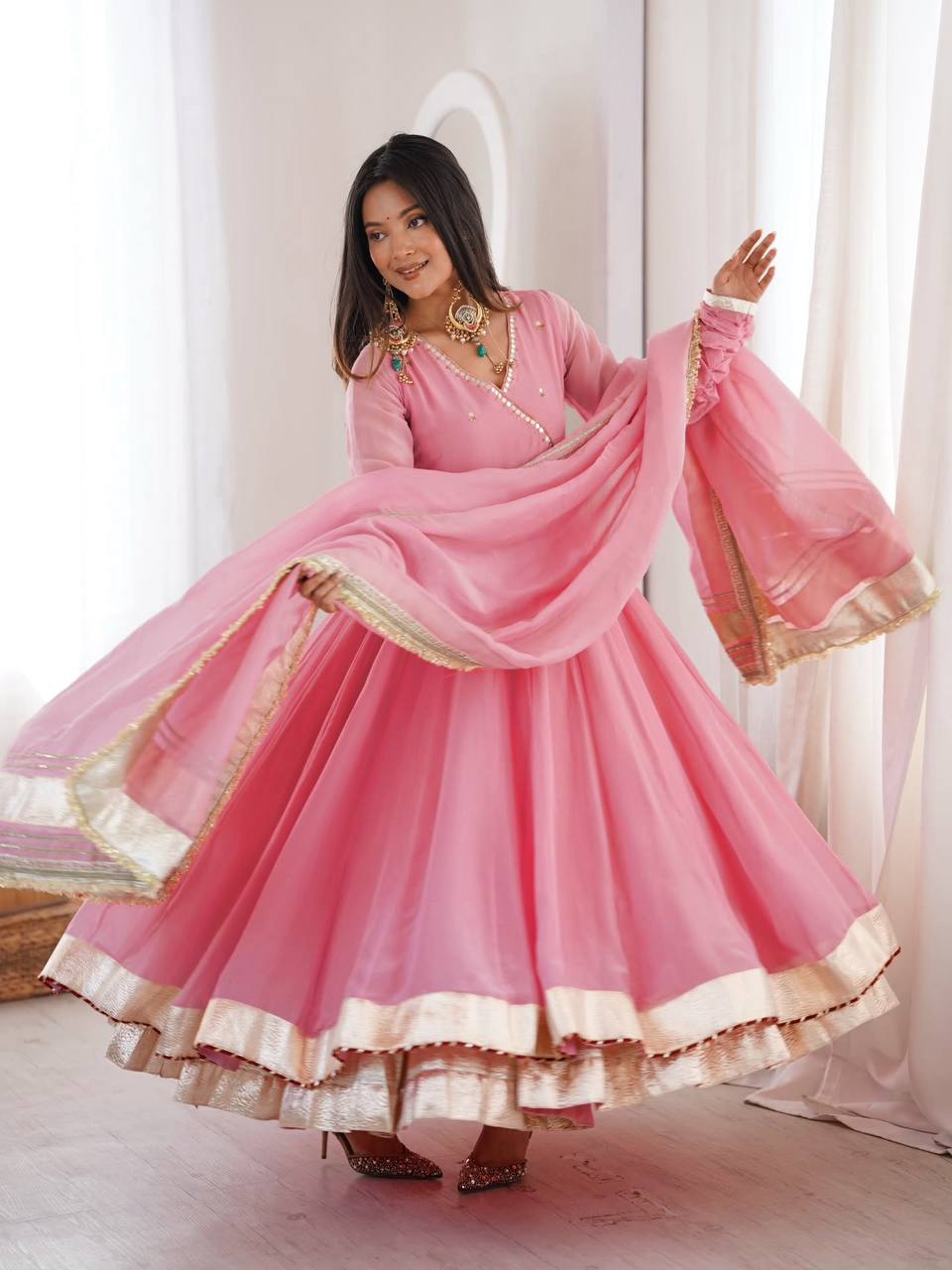 Designer Pink Organza Silk Mirror Hand Work & Gota Patti Lace Anarkali Lehenga Set for Women