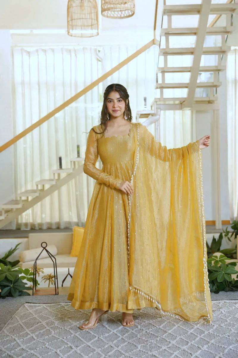 Mustard Yellow Foil Work Anarkali Gown Set with Dupatta | Festive & Wedding Wear