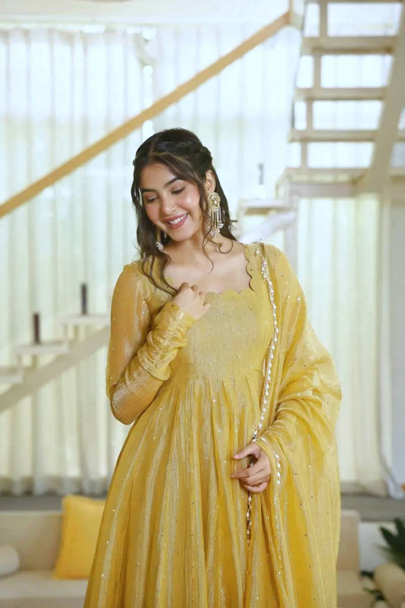 Mustard Yellow Foil Work Anarkali Gown Set with Dupatta | Festive & Wedding Wear